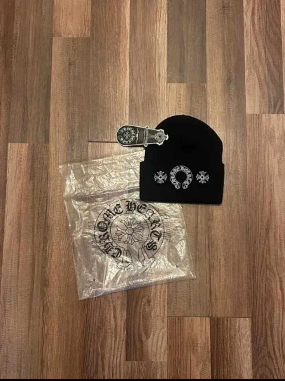 Chrome Hearts Black Beanie with Silver Embroidered Motifs